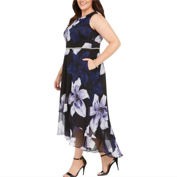 SLNY Black and Blue Floral‎ High Low Rhinestone Detail Party Dress Plus Size 16 - Picture 1 of 10